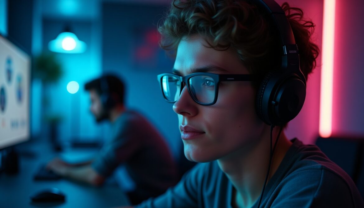 A designer in a modern, technological home office, bathed in soft, cool-toned light. They wear headphones and square, black-framed glasses. The workspace features a dynamic, futuristic vibe with reflective surfaces and layered textures, rendered in digital abstract style. The geeky decor includes technology highlights that create a moody atmosphere. The image is high resolution 4k, with a well-lit composition and soft focus. The overall color palette leans towards cool hues