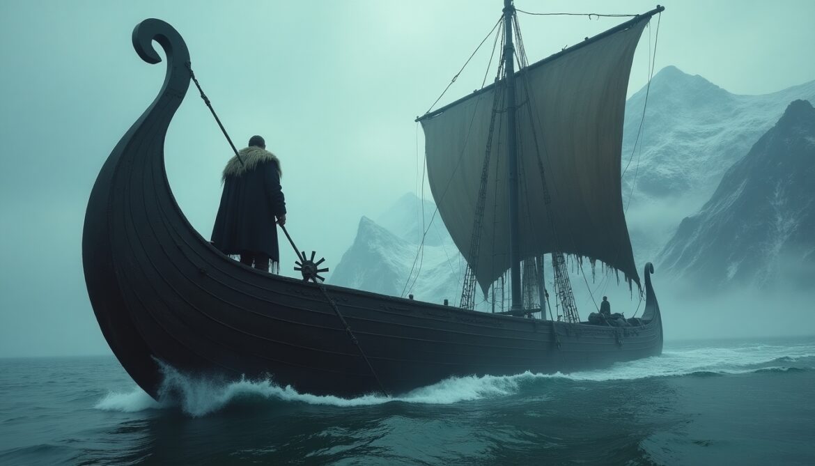 A solitary Nordic man, a weathered Viking warrior clad in traditional garb, stands at the helm of a massive, intricately carved longship, its dark wooden hull reflecting the ominous glow of the overcast sky. The vessel cuts through a churning sea, its sails tattered and soaked, the water reflecting a twisted, monstrous visage beneath. Majestic, snow-capped mountains loom in the desolate background, their peaks shrouded in an eerie mist. The scene is rendered in hyper-realistic detail, with a color palette dominated by cold blues, grays, and deep greens. A juxtaposition of innocence (the human figure) and malevolence (the corrupted environment and atmosphere) creates a profound sense of horror and despair. The style blends dark fantasy, evoking a sense of foreboding and dread, reminiscent of gothic paintings with ultra-high resolution and volumetric lighting. The atmosphere is chilling, the narrative suggesting a doom-laden voyage. Chromatic aberration, detailed textures, and a focus on chiaroscuro enhance the contrast and drama.
