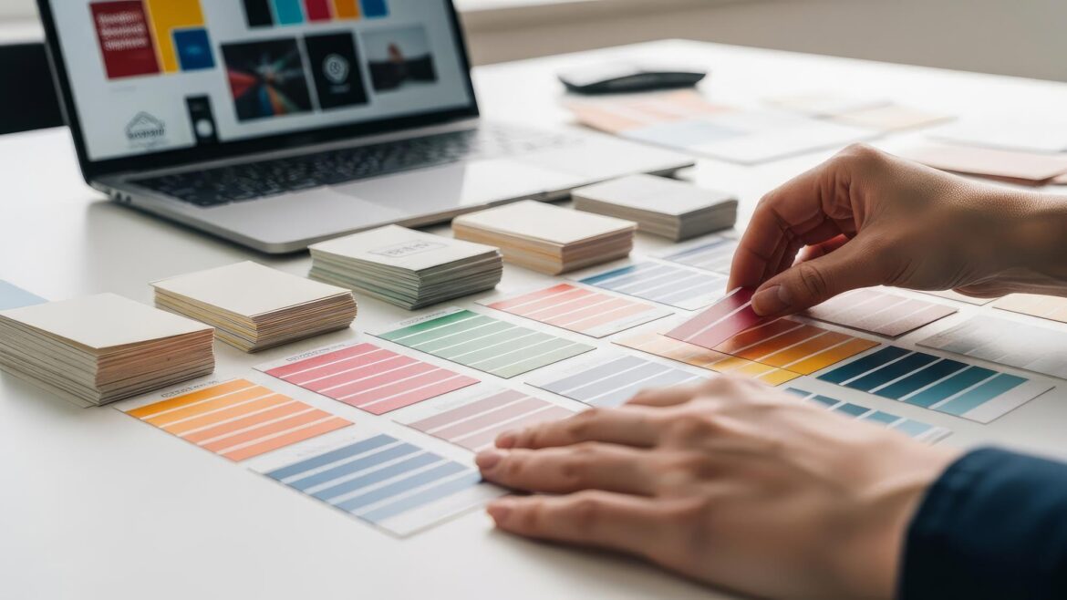 Paleta de cores para branding representando a psicologia das cores no branding com swatches coloridos sobre mesa de designer